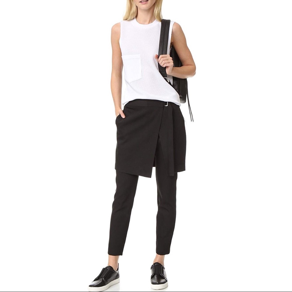 DKNY PURE WOOL-BLEND SKIRT PANTS – BLACK – WRAP OVERLAY TROUSERS